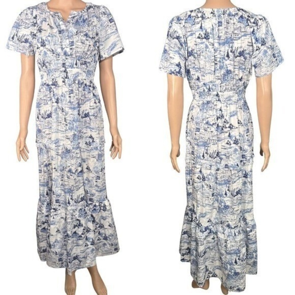 Sugarlips Blue White Toile Cotton Maxi Dress Smocked Waist Tiered STD13555AVA S